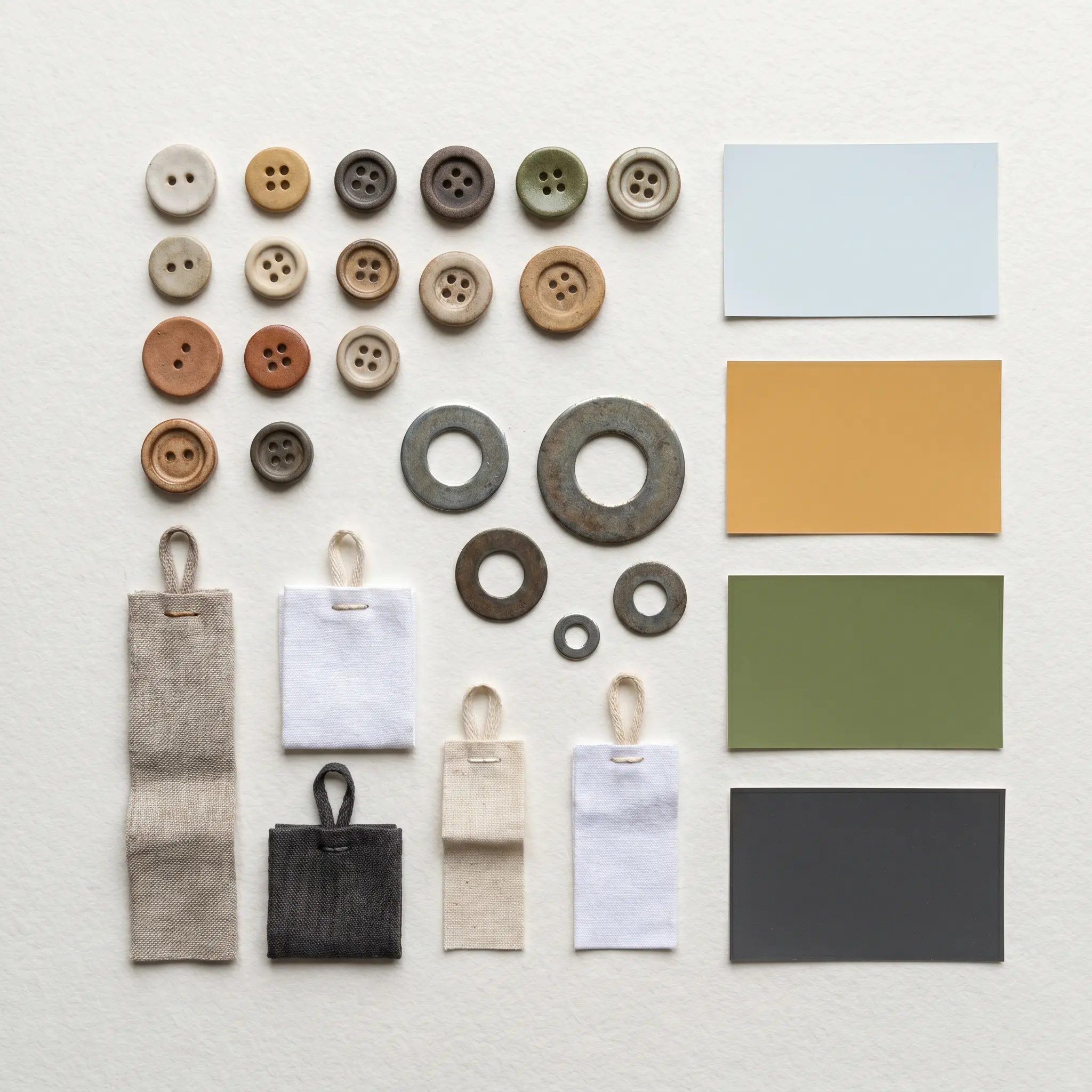 Overhead still life of ceramic buttons, washers, fabric tags, and color swatches